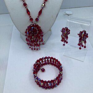 RARE SHERMAN red siam crystal tassel earrings brooch necklace
